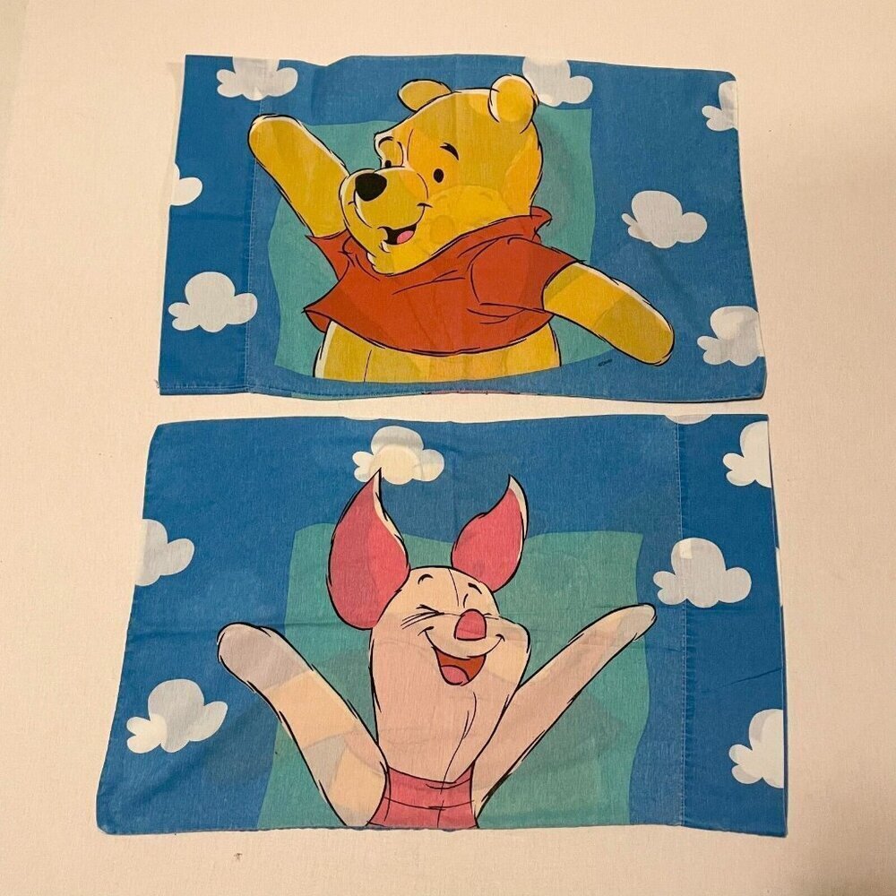 Vtg 2 Disney Winnie The Pooh Piglet Standard Pillow Case Blue White Clouds